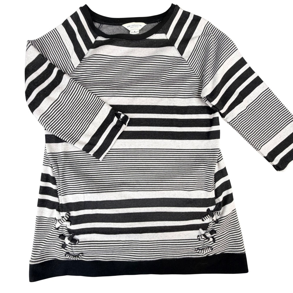 Liz Claiborne Weekend Womens M Black White Striped Lace Up Side Pocket Top Tunic